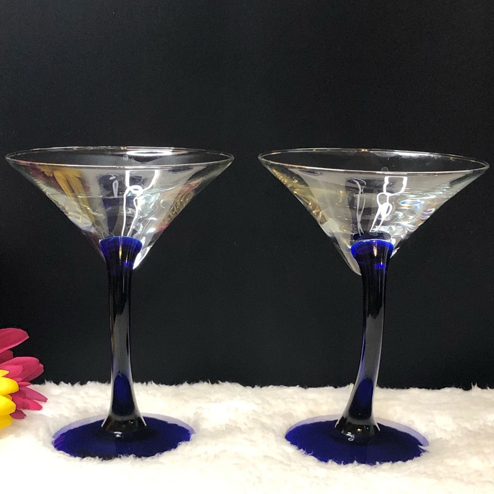 2 Vintage Cobalt Stem Bravura Martini Glasses By Libbey Glass Company